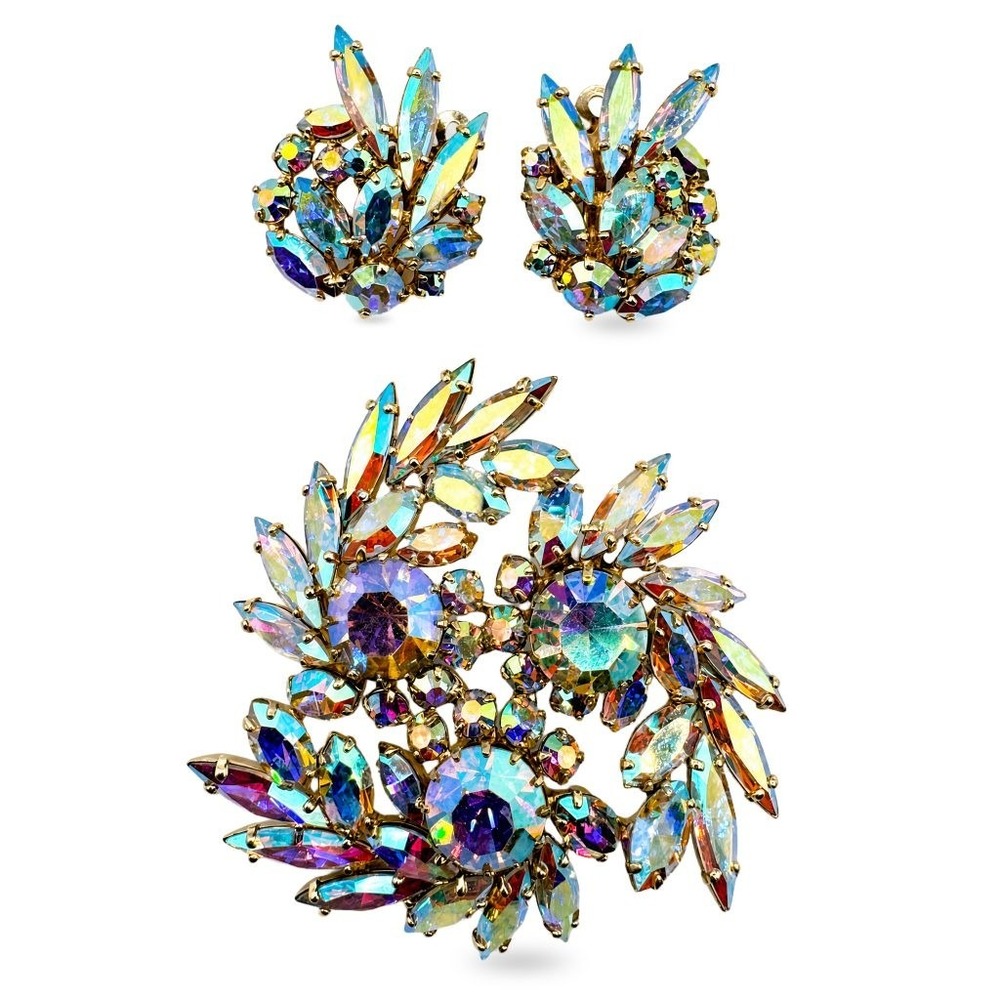 Vintage Sherman Aurora Borealis Crystal Brooch & Clip Earrings Set Gold Tone AB